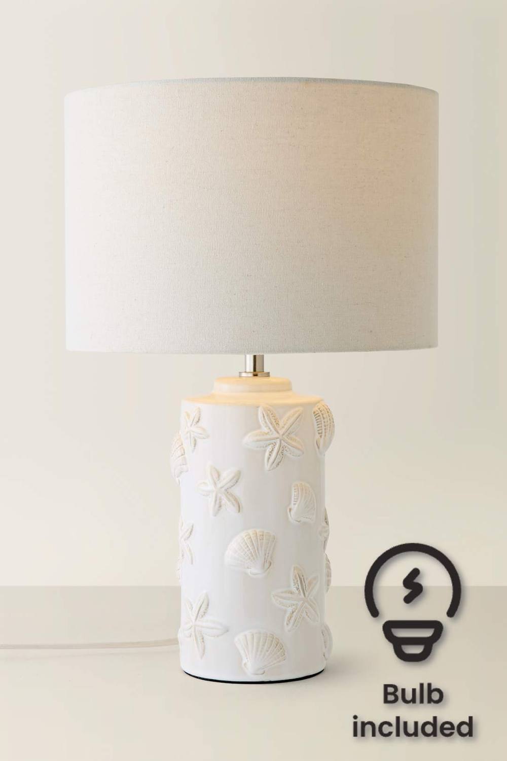 Valuelights Selene Linen Shade Ceramic Embossed Seashell Table Lamp With Bulb In Cream
