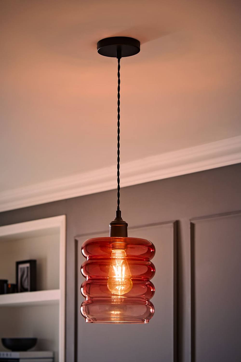 Valuelights Giselle Matte Black Ombre Berry Glass Ceiling Pendant Light With Bulb In Dark Pink