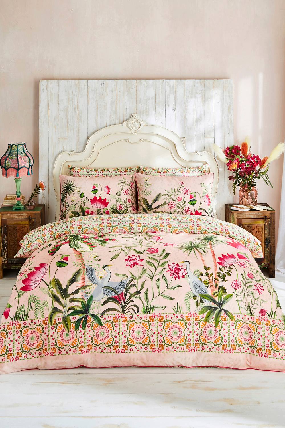 Joe Browns Lotus & Palm Print % Cotton Reversible Duvet Cover Set In Pink