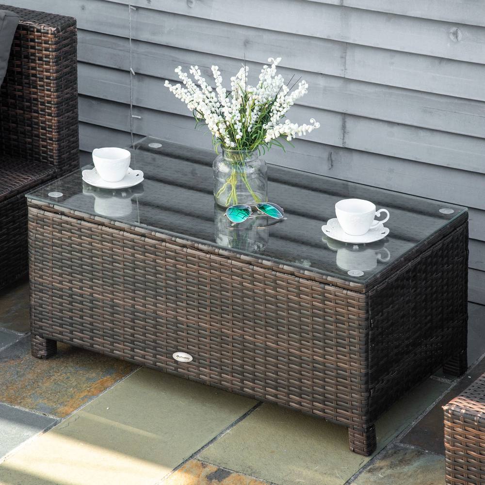 Outsunny Garden Rattan Side Table,wicker Coffee Desk, Glass Top In Brown
