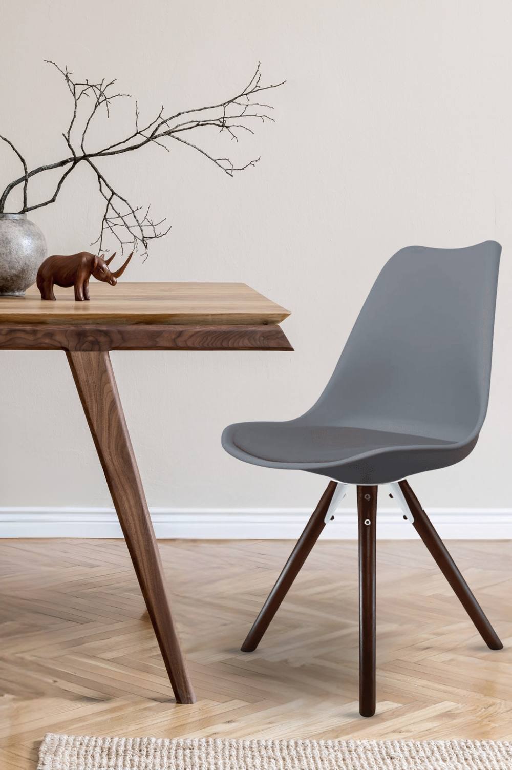 Fusion Living Soho Plastic Dining Chair With Pyramid Dark Wood Legs In Dark Grey