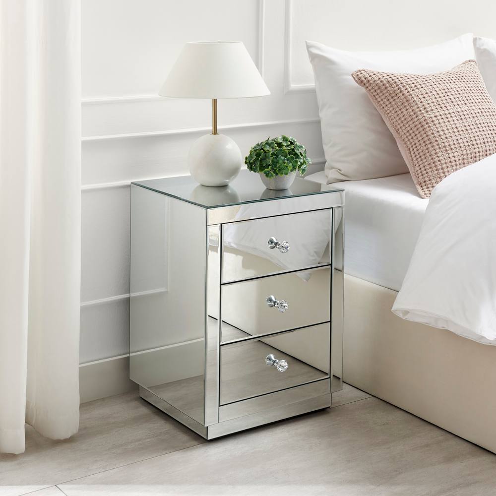 Furnitureboxuk Italian Inspired Contemporary Mirrored Drawer Rectangular Bedside Table With Crystaline Shaped Handles In Silver