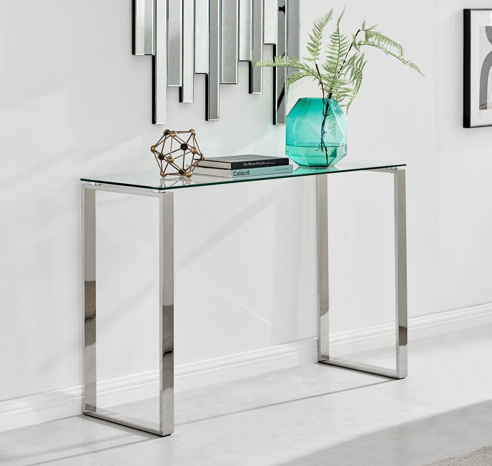 Furnitureboxuk Miami Modern Rectangular Clear Glass Console Table With Square Silver Chrome Metal Legs For Minimalist Living Room Or Hallway