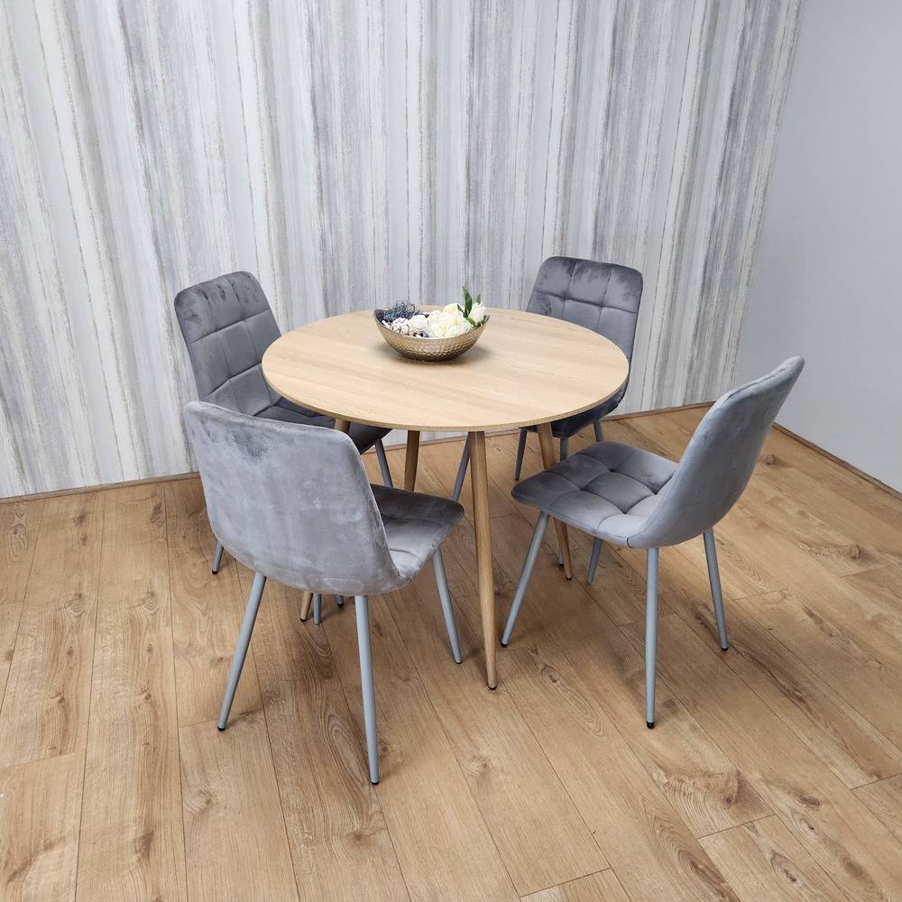 Kosy Koala Round Oak Effect Kitchen Dining Table With Grey Velvet Tufted Chairs Dining Set