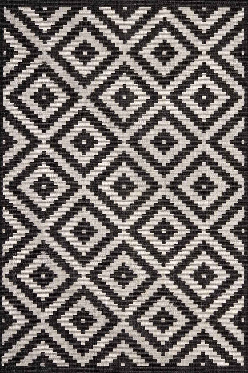 The Rugs Outdoor Indoor Geometric Diamond Rug Black Ivory Weather Resistant
