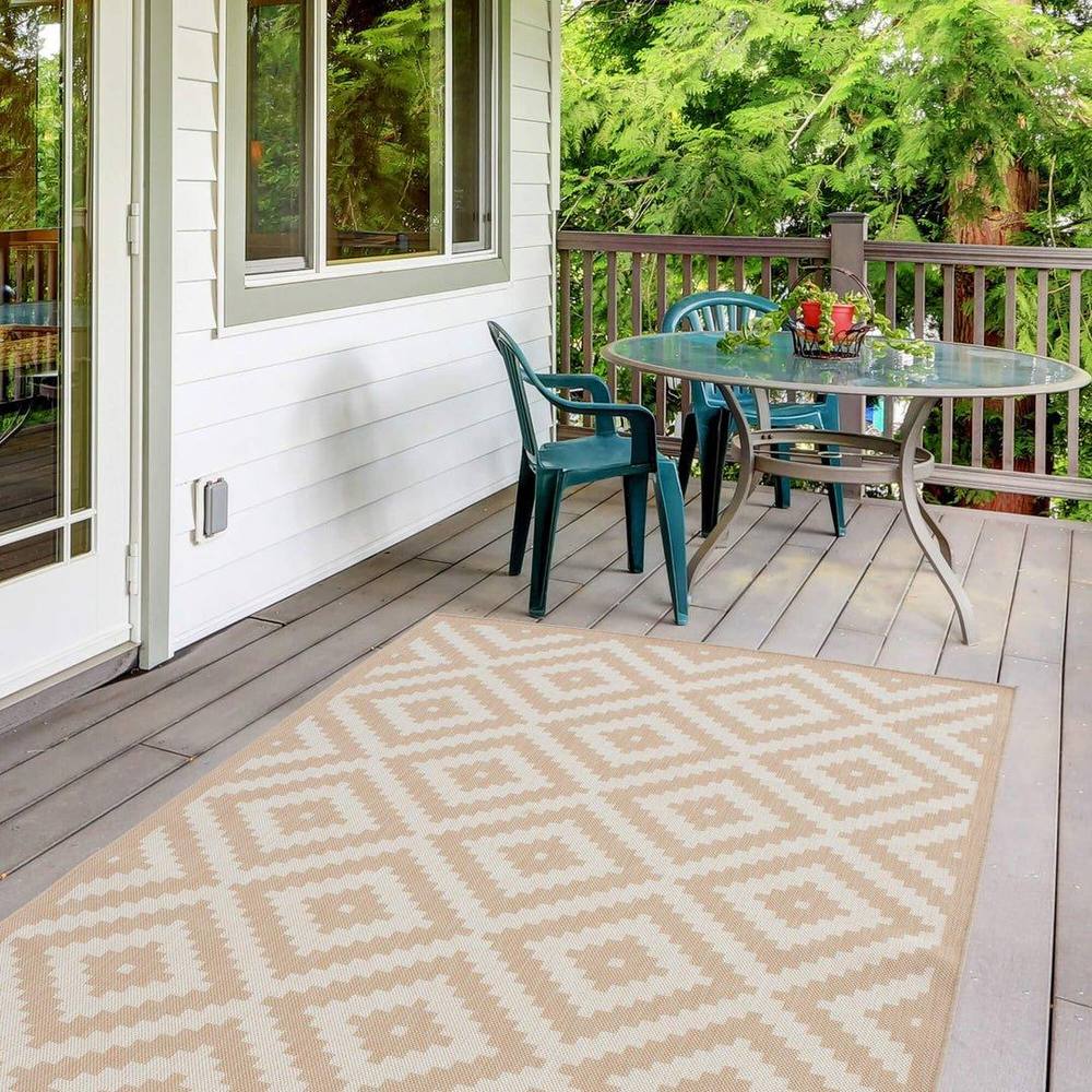 The Rugs Outdoor Indoor Geometric Diamond Rug Beige Ivory Weather Resistant