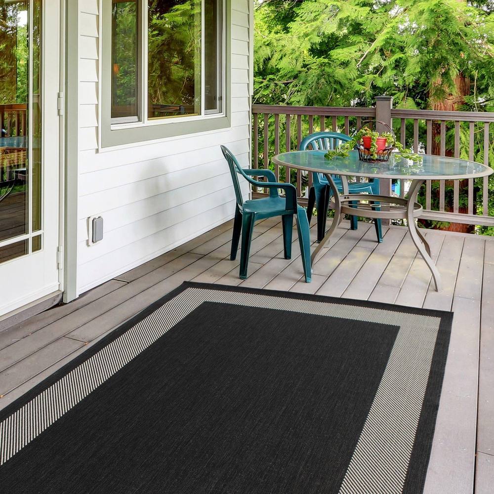 The Rugs Outdoor Indoor Black Bordered Rug Weatherproof Jet Washable