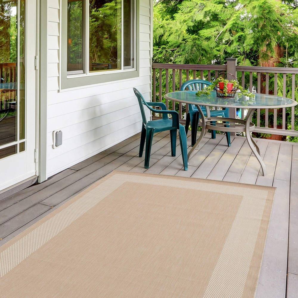 The Rugs Outdoor Indoor Beige Bordered Rug Weatherproof Jet Washable