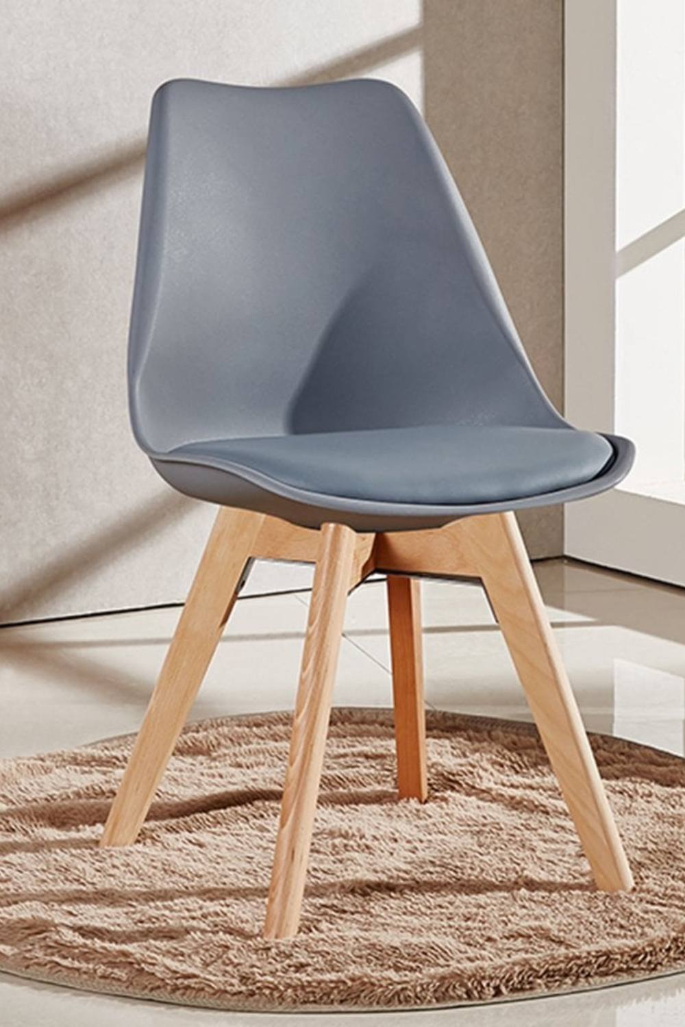 Life Interiors Single 'tulip Dining Chair' Leather Padded Seat Solid Wood Legs In Grey