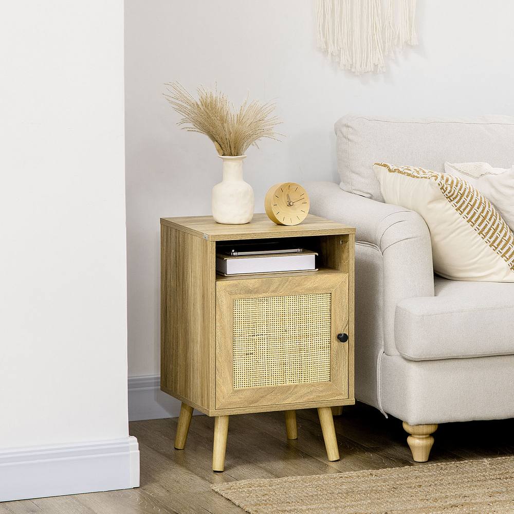 Homcom Nightstand, Rattan Bedside Table W Cabinet, Shelf, Natural
