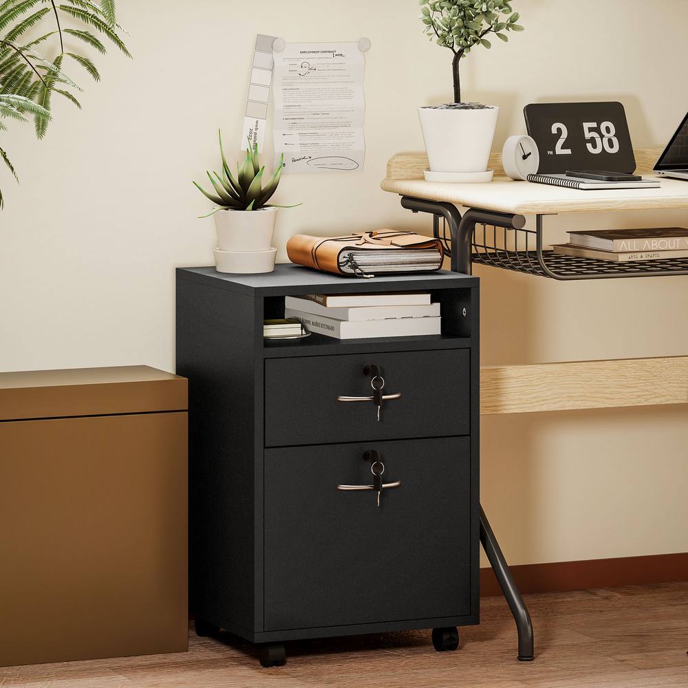 Homcom Cm Filing Cabinet With Drawers And Open Shelf, Black