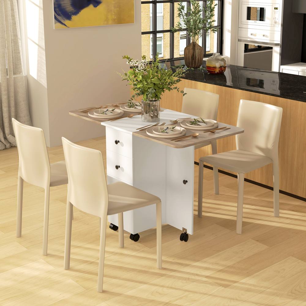 Homcom Folding Dining Table, Drop Leaf Table With Drawers In Light Oak