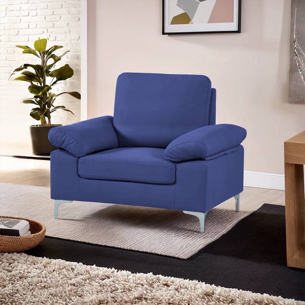 Kosy Koala Modern One Seater Sofa Blue Fabric With Chrome Feet - Comfortable Couch With Cushion For Living Room, Bedroom Or Office