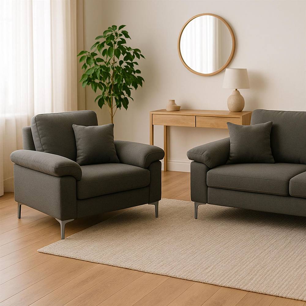 Kosy Koala Modern Grey Sofa Seater Set Fabric With Chrome Feet - Comfortable Couch With Cushion For Living Room, Bedroom Or Office