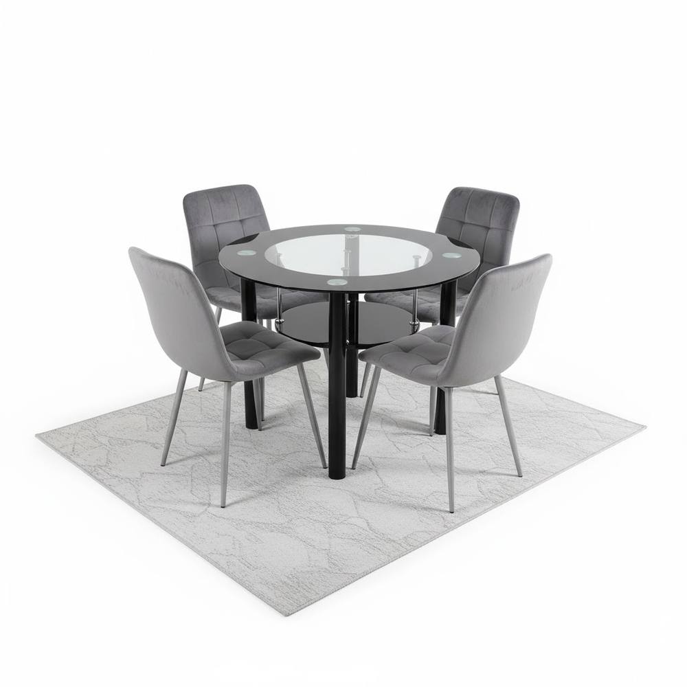 Kosy Koala Round Black Glass Dining Table Set With Grey Velvet Chairs