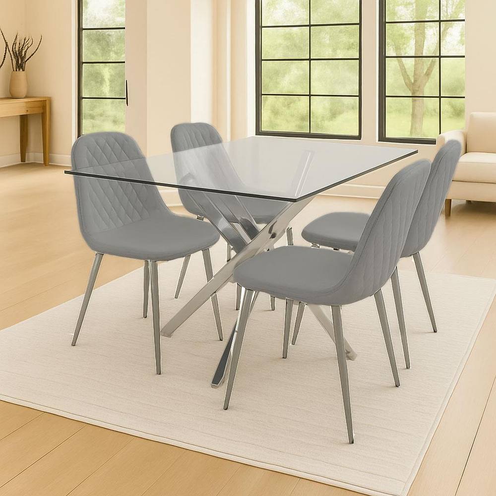Kosy Koala Modern Rectangle Glass Dining Table Set With Grey Gem Pattern Chair
