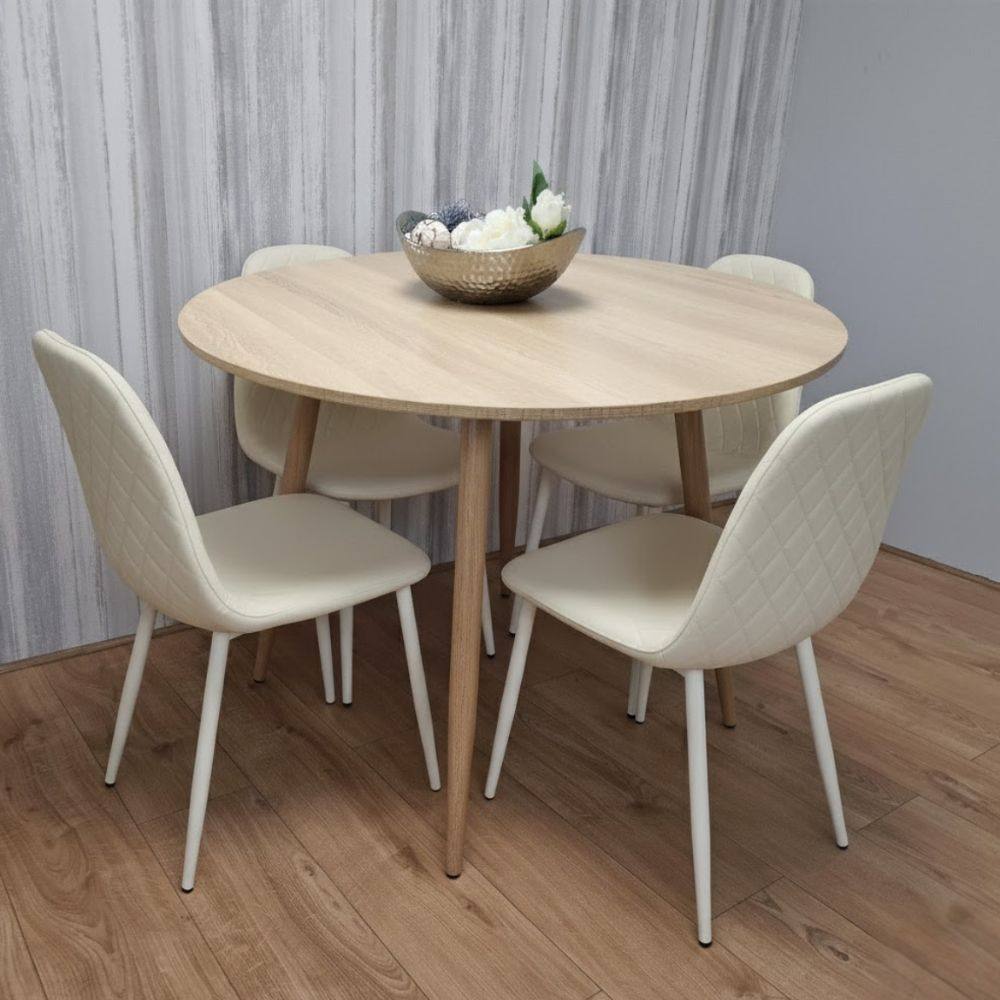 Kosy Koala Modern Round Dining Table With Cream Faux Leather Chairs