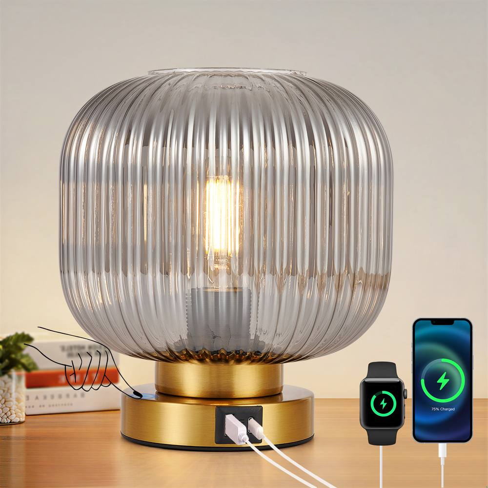 Harper Living Table Lamp, Touch Control Dimmable E Desk Lamp, Smoked Glass Shade In Gold