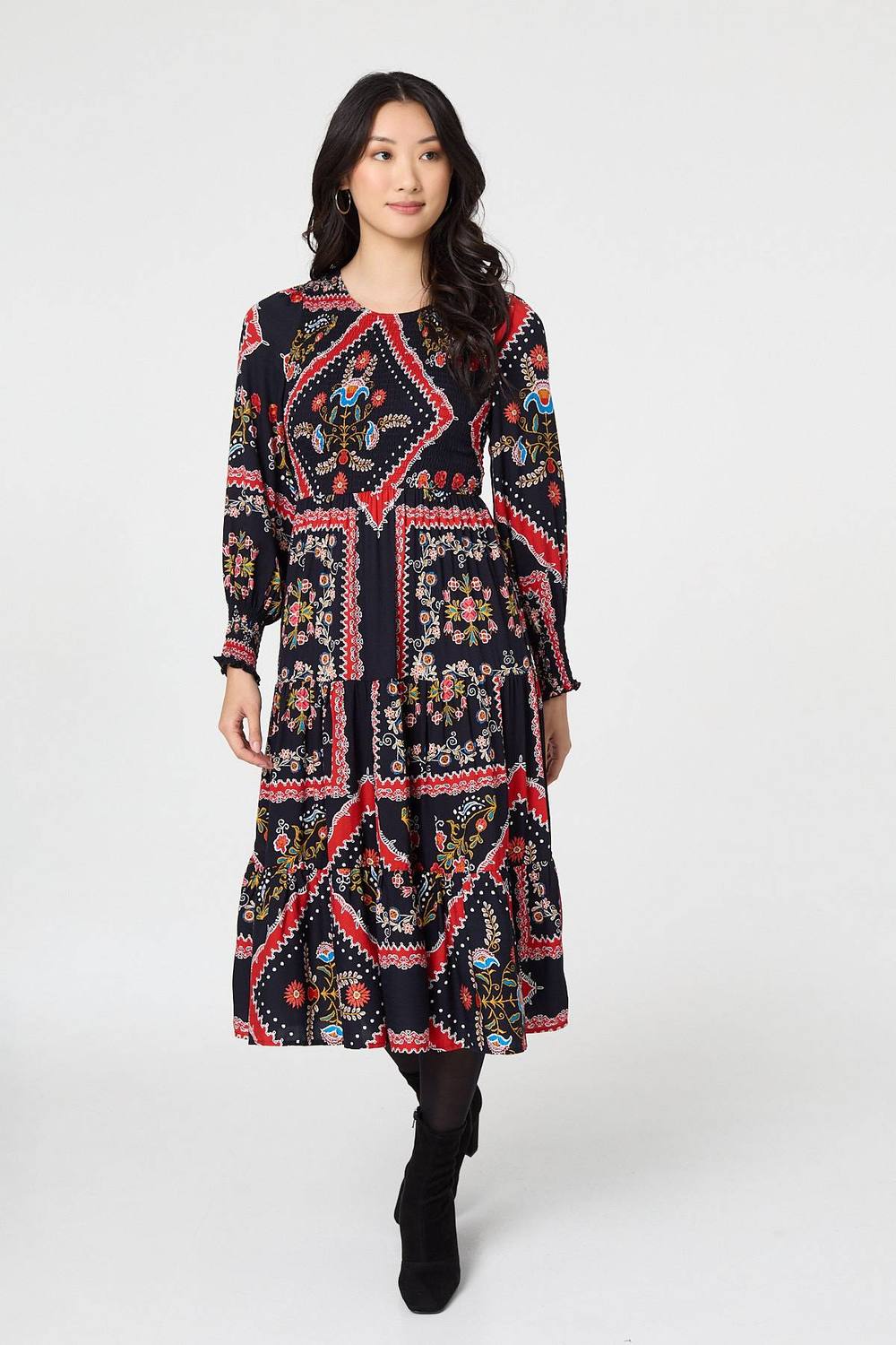 Izabel London Printed Smocked Long Sleeve Midi Dress In Navy