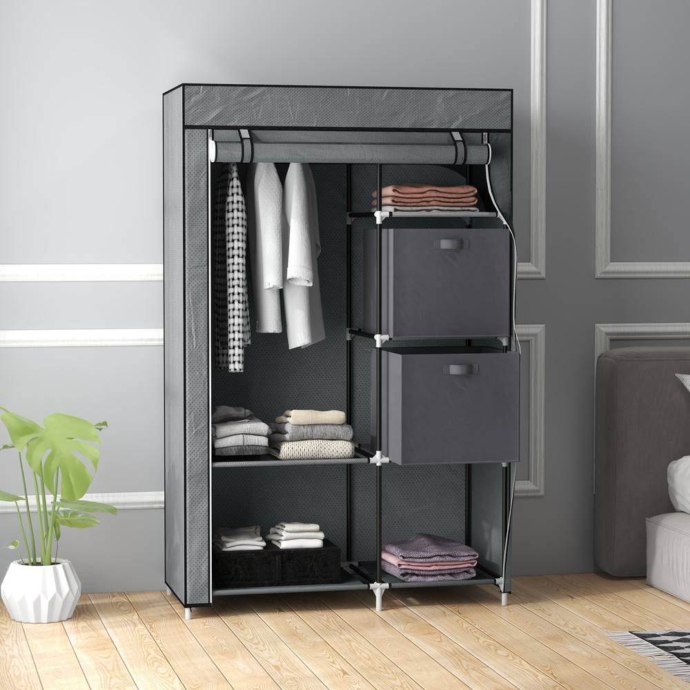 Homcom Fabric Portable Wardrobe With Fabric Drawers, Hanging Rail, Grey In Dark Grey