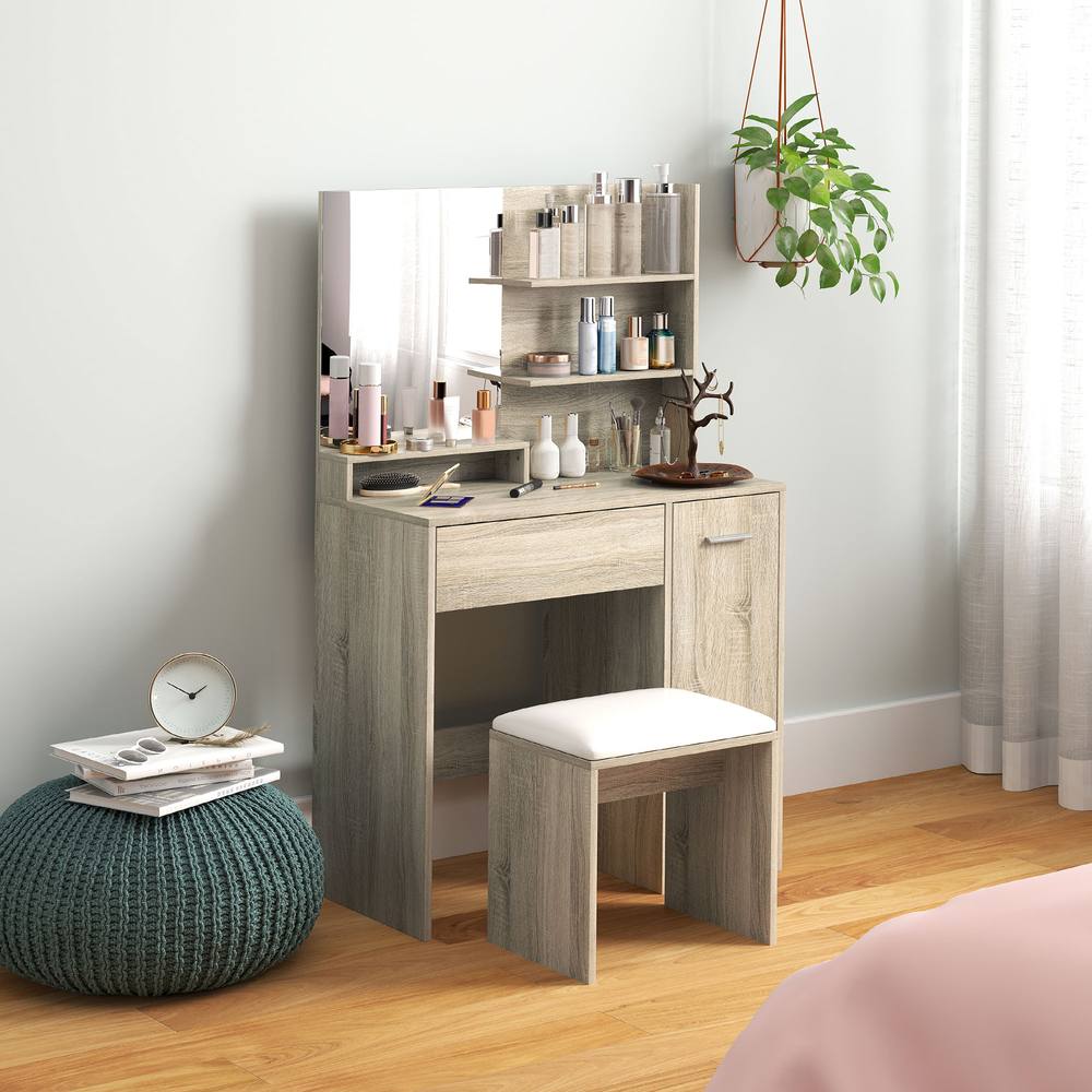 Homcom Dressing Table With Mirror And Stool, Makeup Desk For Bedroom In Natural