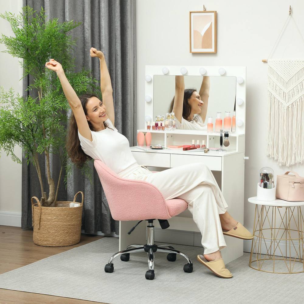 Homcom Fluffy Vanity Chair For Desk, With Height Adjustable, Wheels, Pink