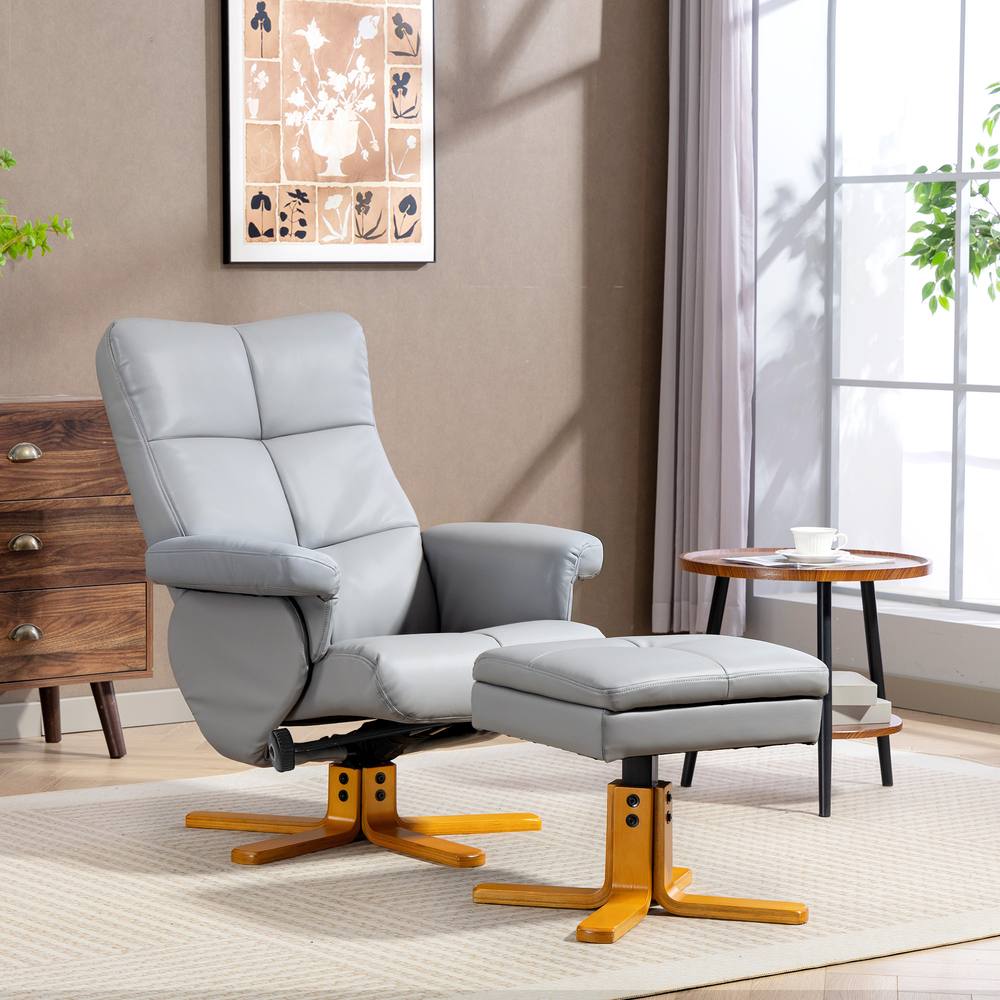 Homcom Recliner Chair And Footstool Pu Leather Wooden Base, Light Grey