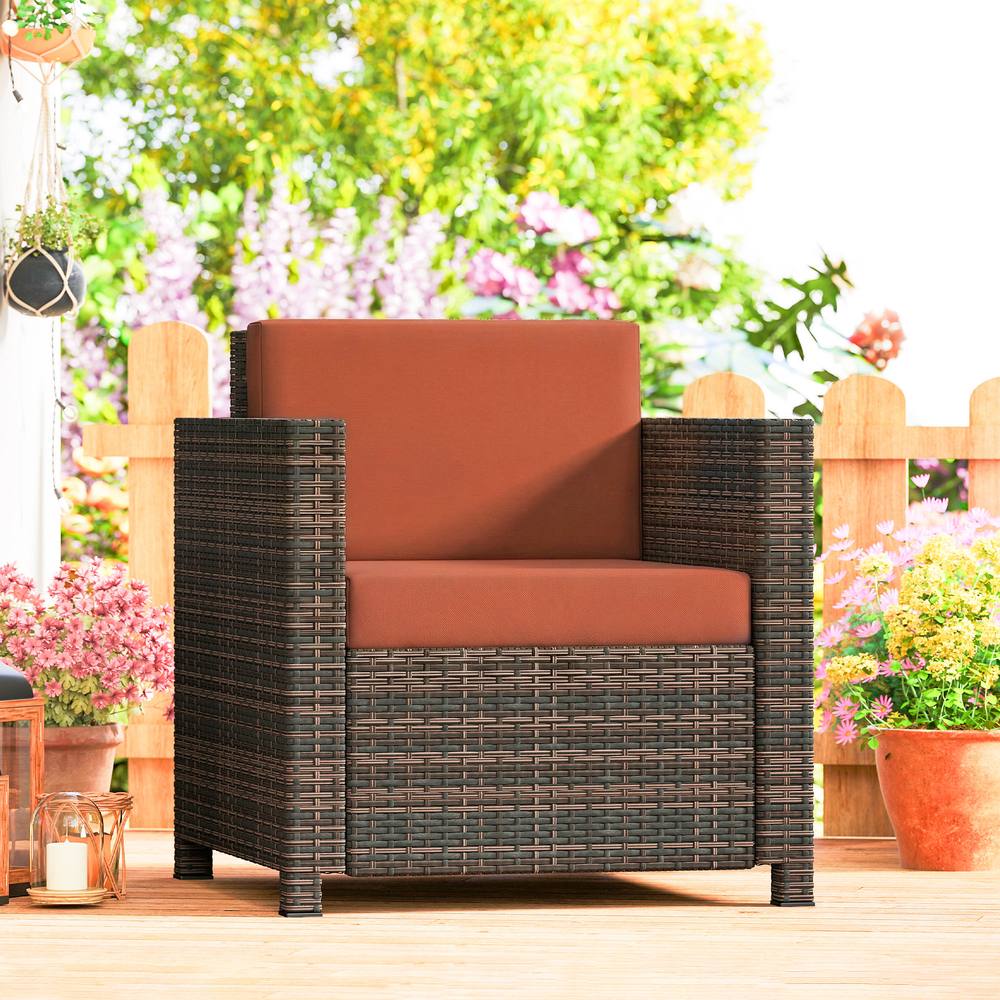 Outsunny Rattan Garden Armchair, Cushioned Single Rattan Chair, Brownorange