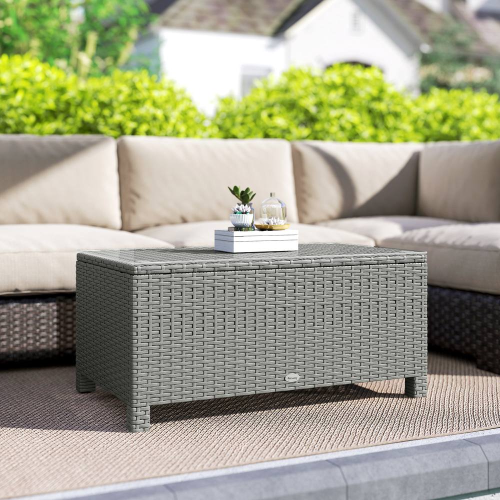 Outsunny Garden Rattan Side Table, Wicker Coffee Desk, Glass Top, Light Grey