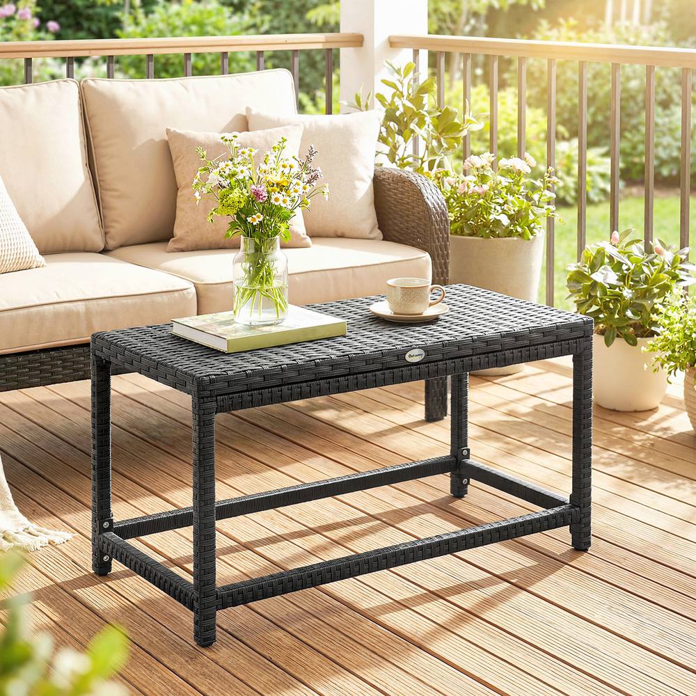 Outsunny Outdoor Coffee Table, Pe Rattan Side Table W Plastic Board, Black