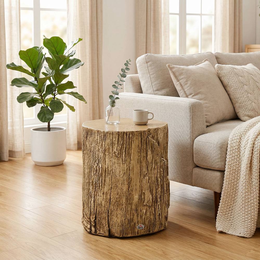Homcom Concrete Side Table Tree Stump End Table For Indoor Outdoors Natural