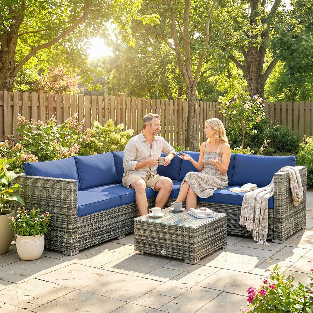Outsunny Pieces Rattan Garden Furniture Sofa Set With Coffee Table Blue