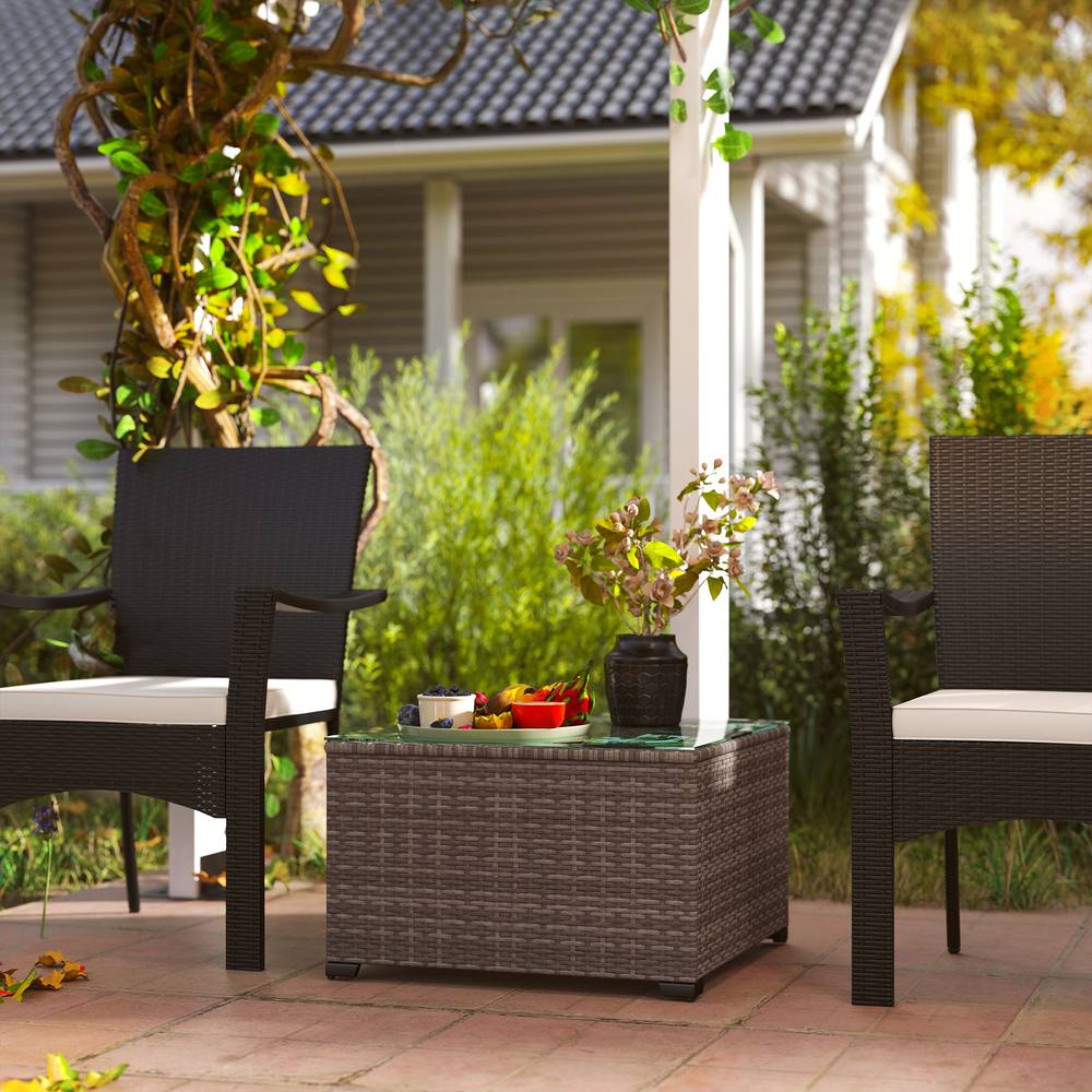 Outsunny Outdoor Coffee Table With Glass Top, Rattan Side Table, Dark Grey