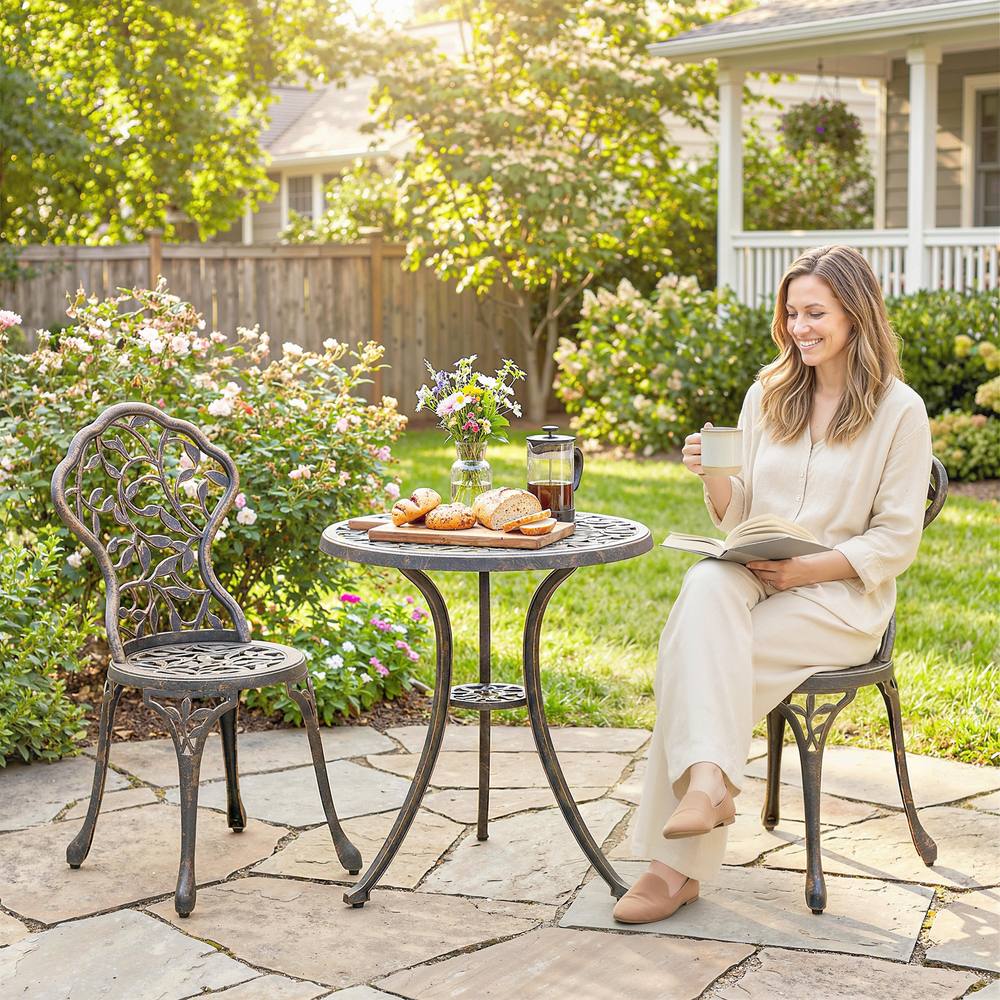 Outsunny Aluminium Bistro Set Garden Coffee Table Chair Outdoor Dining Set In Brown