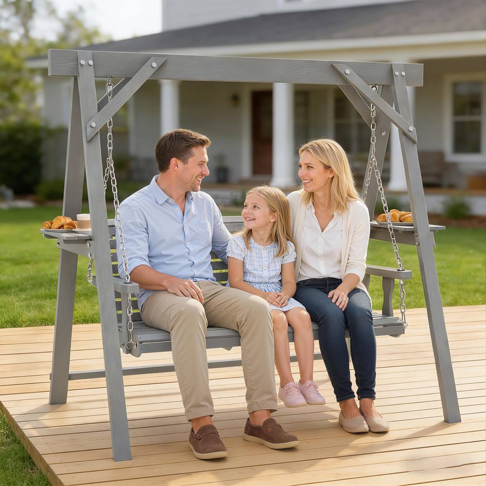 Outsunny Seater Wooden Garden Swing Chair With Side Tables, Dark Grey
