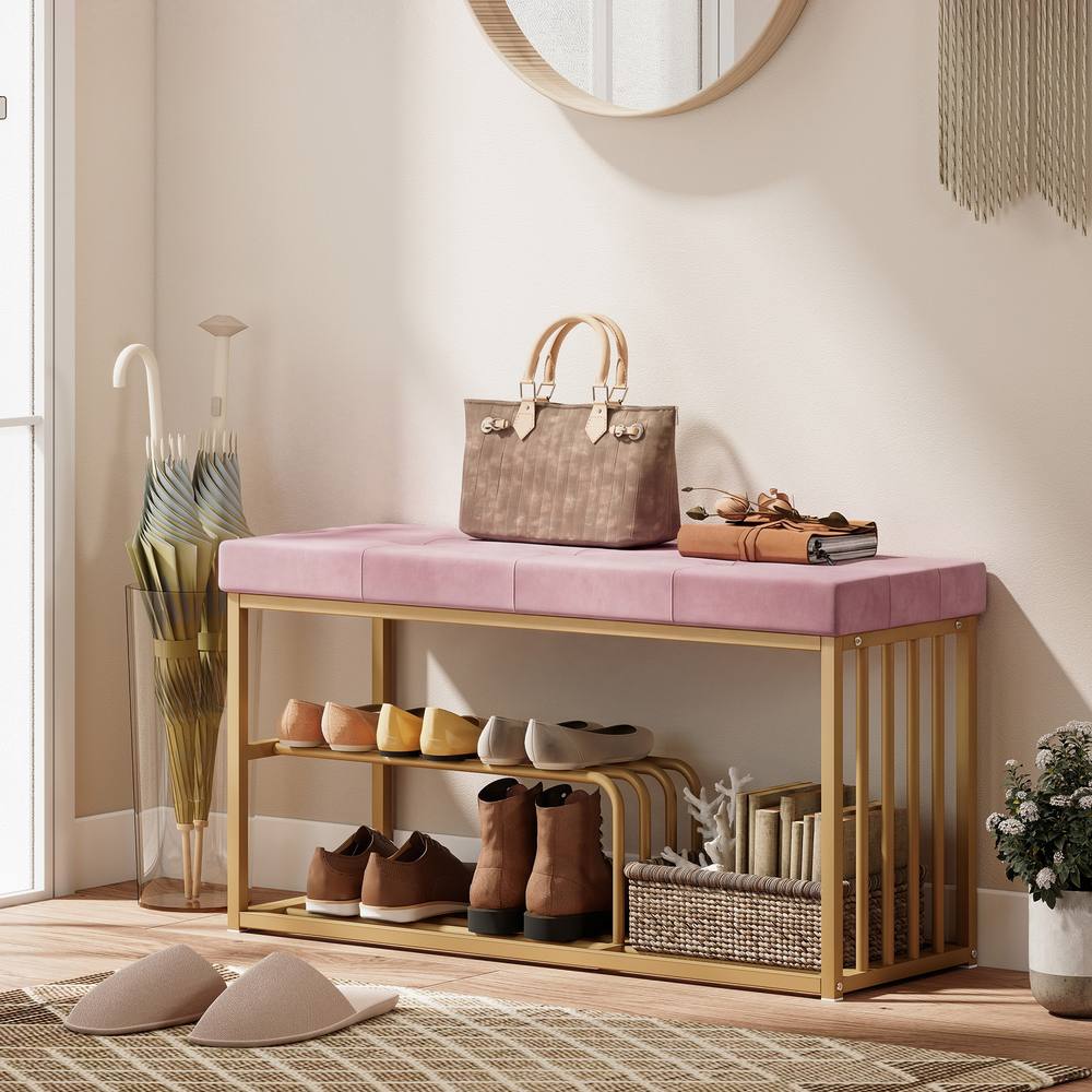Homcom Shoe Storage Bench With Seat Cushion Tufted Shoe Rack Bench In Pink