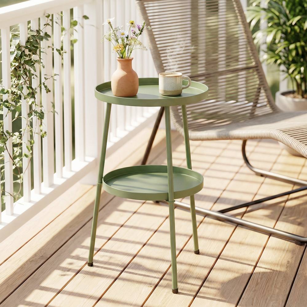Outsunny Patio Side Table, -Tier Round Coffee End Table In Light Green