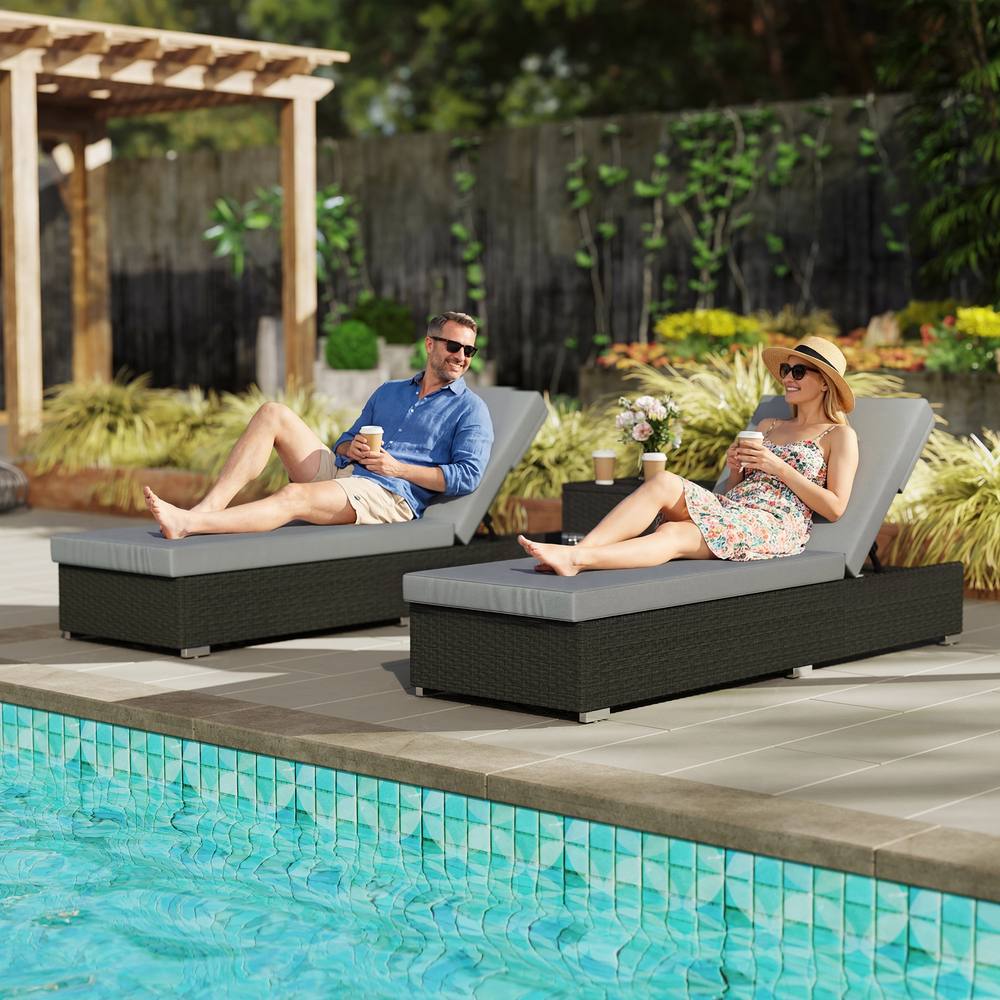 Outsunny Rattan Sun Loungers Set Of With Side Table, Dark Grey