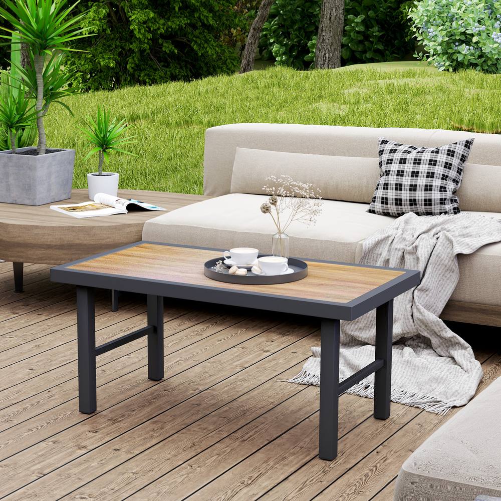 Outsunny Garden Coffee Table With Spc Woodgrain Tabletop, Brown Wood Effect