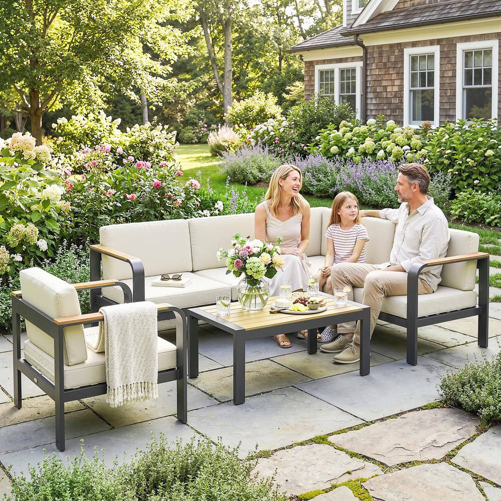 Outsunny Garden Furniture Set With L-Shaped Sofa, Armchair And Table In Beige