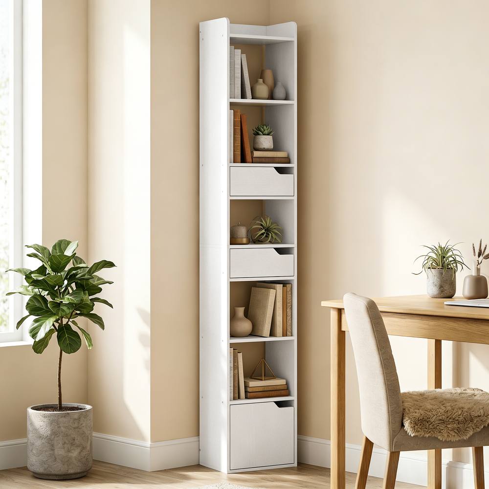 Homcom Bookcase Tall Narrow With Tiers Drawers White Wood Effect