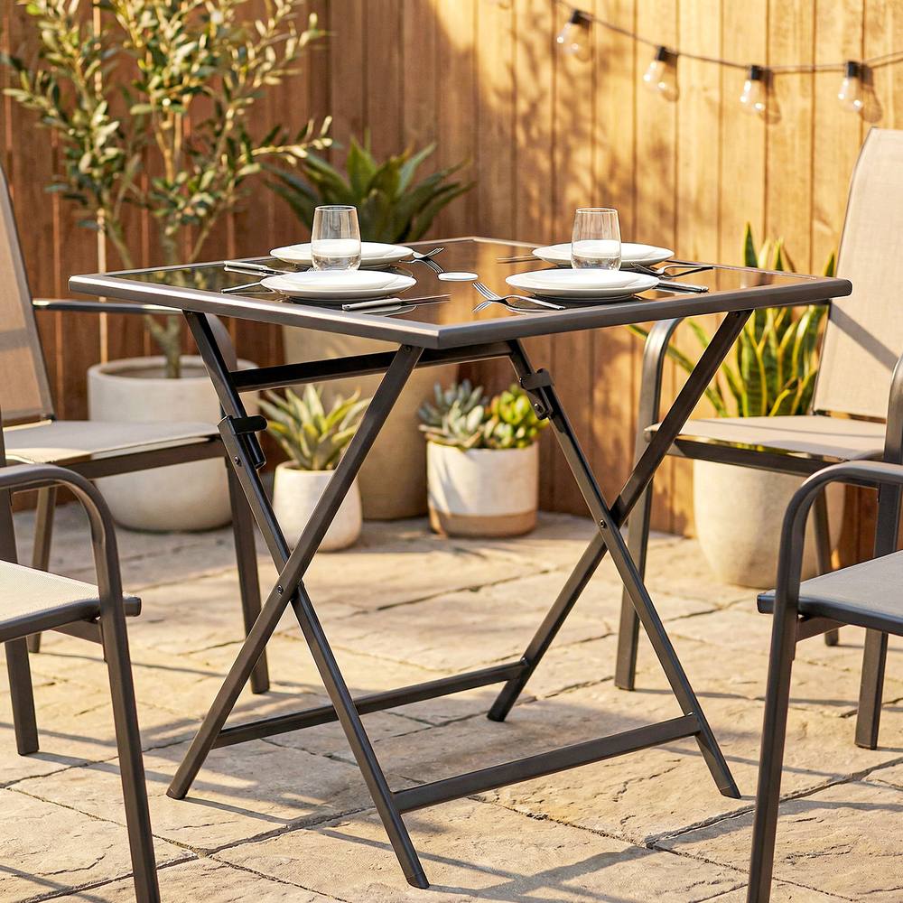 Outsunny Folding Square Garden Dining Table With Parasol Hole In Black