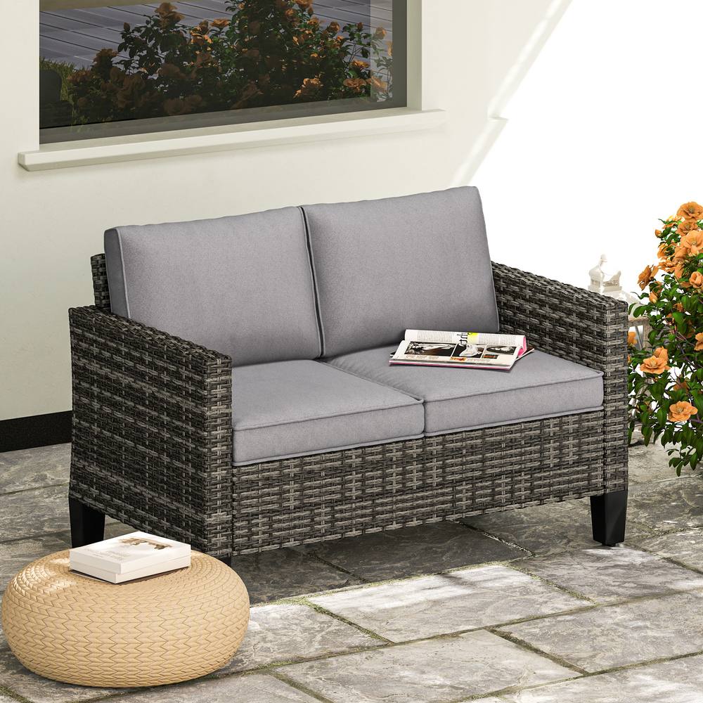 Outsunny Rattan Sofa With Cushions, Seater Garden Furniture, Dark Grey