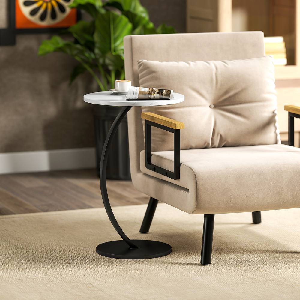 Homcom C Shaped Side Table, Round Bedside Table W Marble Effect Top, White
