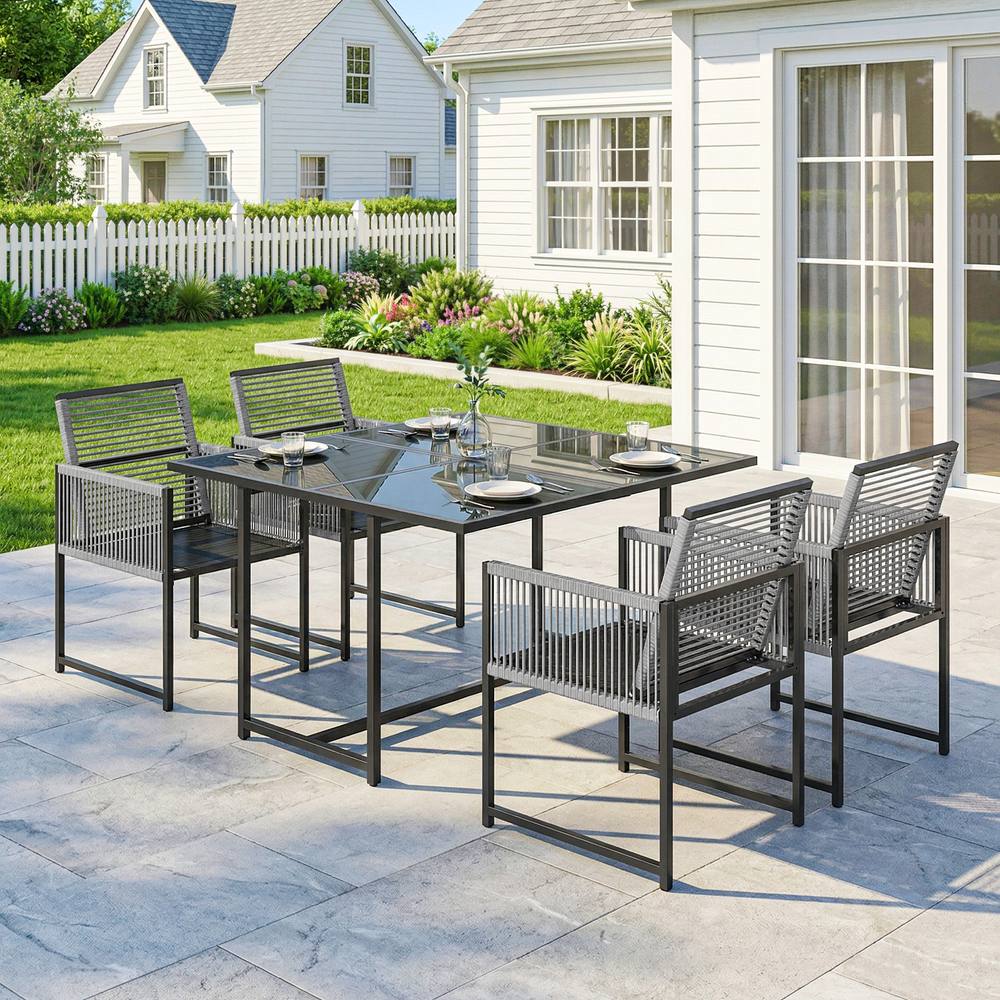 Outsunny Garden Dining Set, Outdoor Table And Chairs With Foldable Backrest In Light Grey