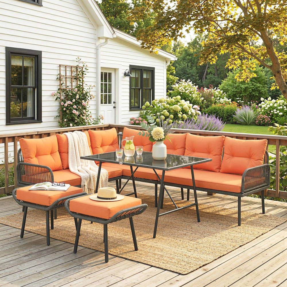 Outsunny Sectional Outdoor Furniture With Glass Top Table, Orange