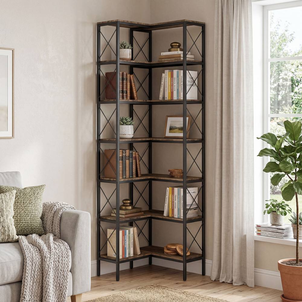 Homcom L-Shaped Bookshelf, -Tier Bookcase With Metal Frame, Rustic Brown