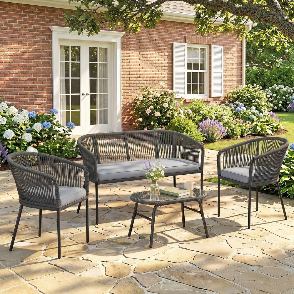 Outsunny Piece Garden Furniture Set, Rope Woven Outdoor Sofa, Dark Grey