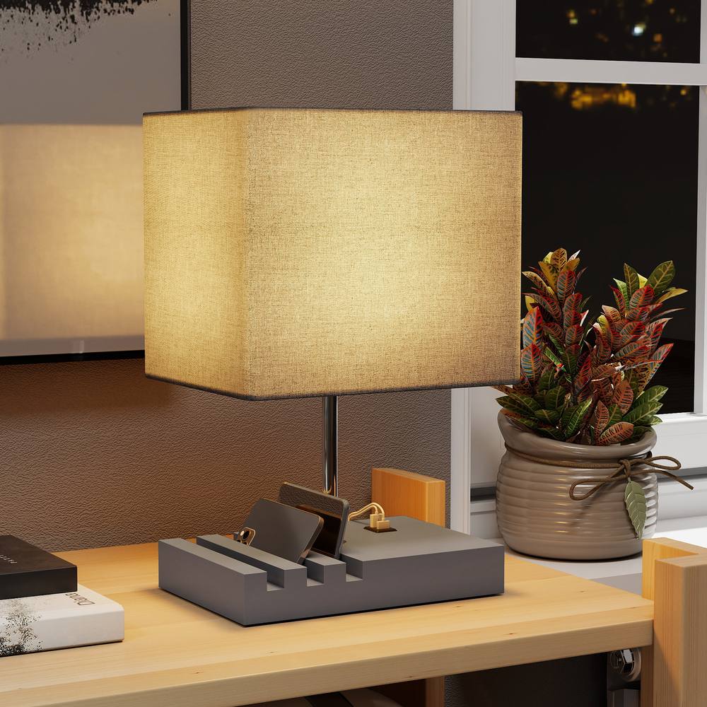 Homcom Table Lamp With Slots, Bedside Lamp With Solid Wood Base In Grey