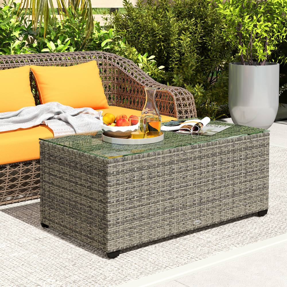 Outsunny Outdoor Coffee Table, Glass Top Rattan Side Table, Dark Grey
